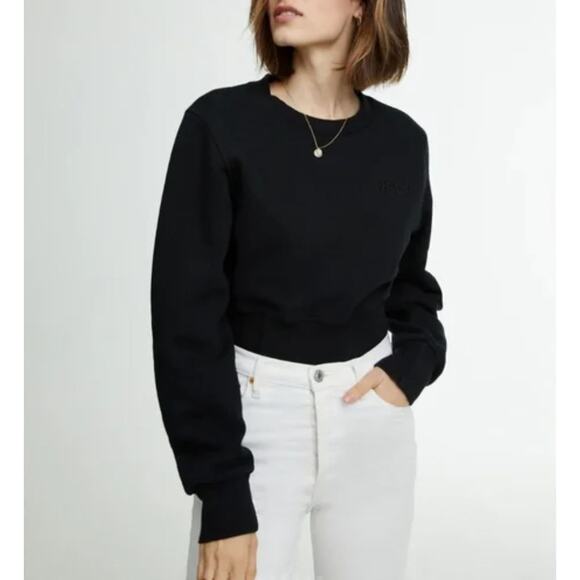 WSLY Eco Fleece Ribbed Bodice Crew Neck Sweatshirt Medium Black Crop Athleisure - Picture 4 of 13